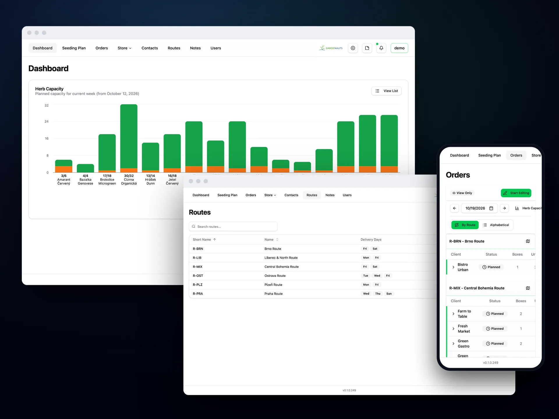 Gardenauts in the browser and on a phone, the capacity dashboard, delivery routes, the seeding planner, orders by route and stock